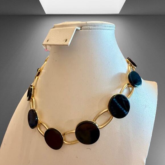 Alfani Gold Tone Link Black Disc Statement Necklace - Picture 3 of 8